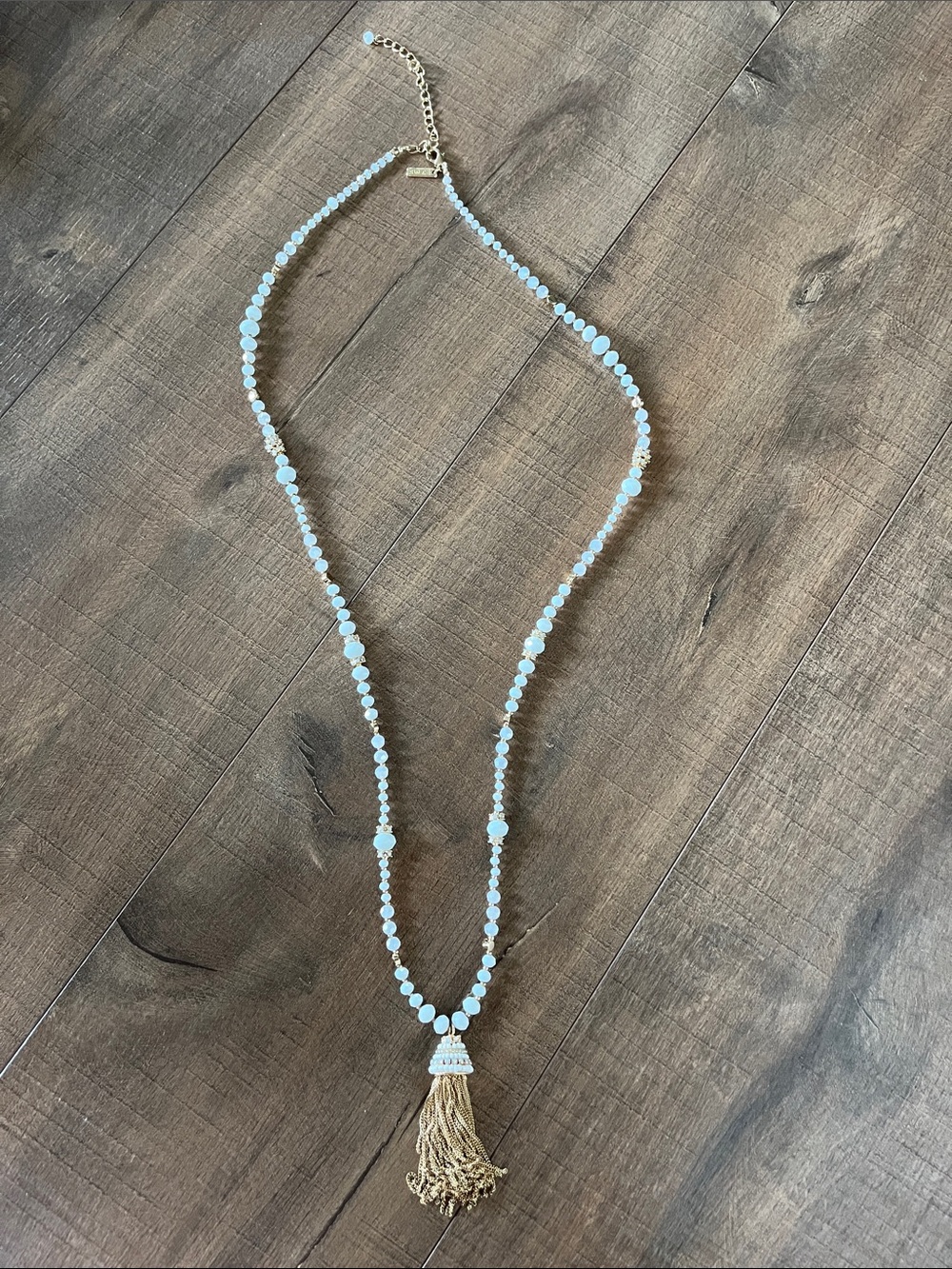 White House Black Market Beaded Tassel Necklace white and gold WHBM